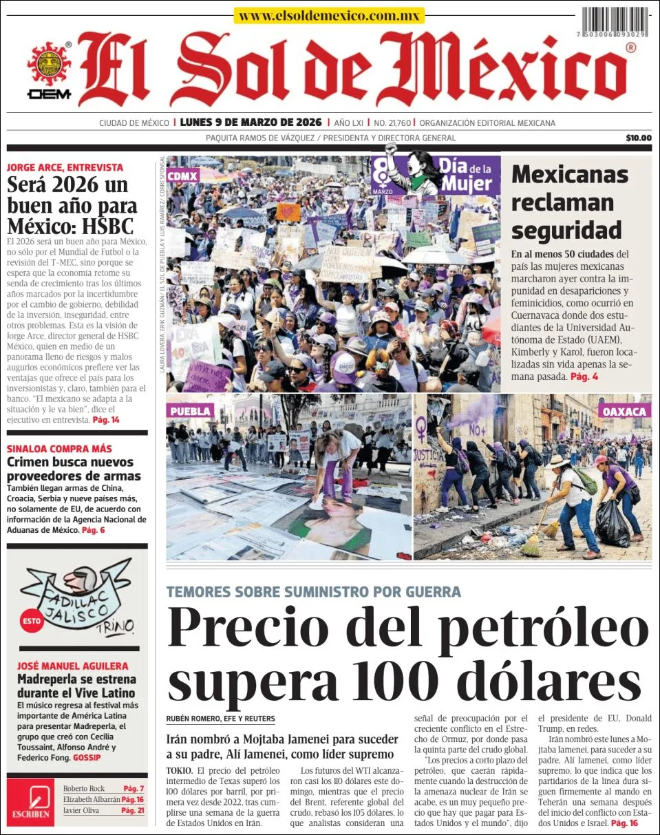 Portada de El Sol de Mexico del lunes, 9 de marzo de 2026