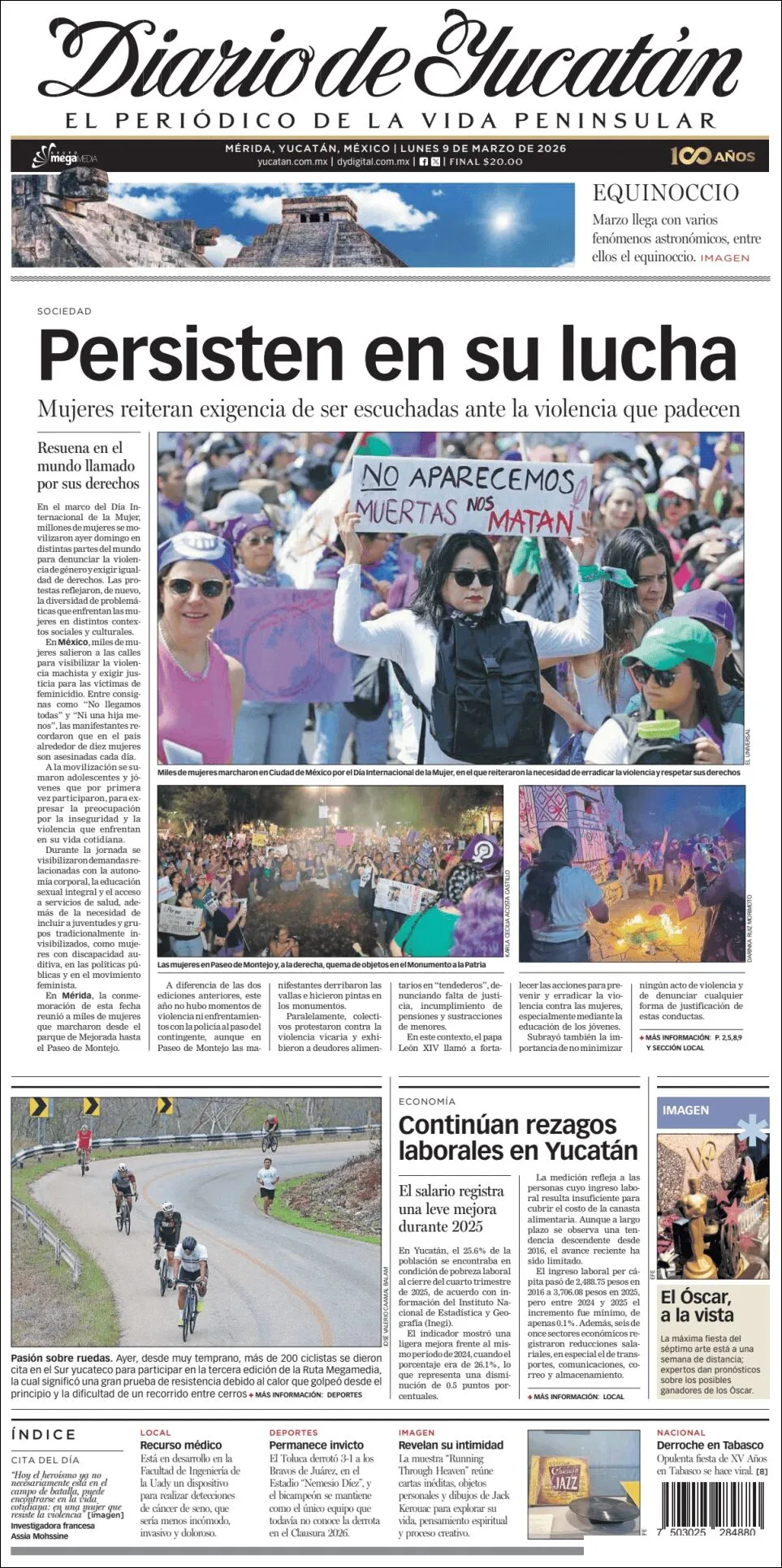 Portada de Diario de Yucatán del lunes, 9 de marzo de 2026