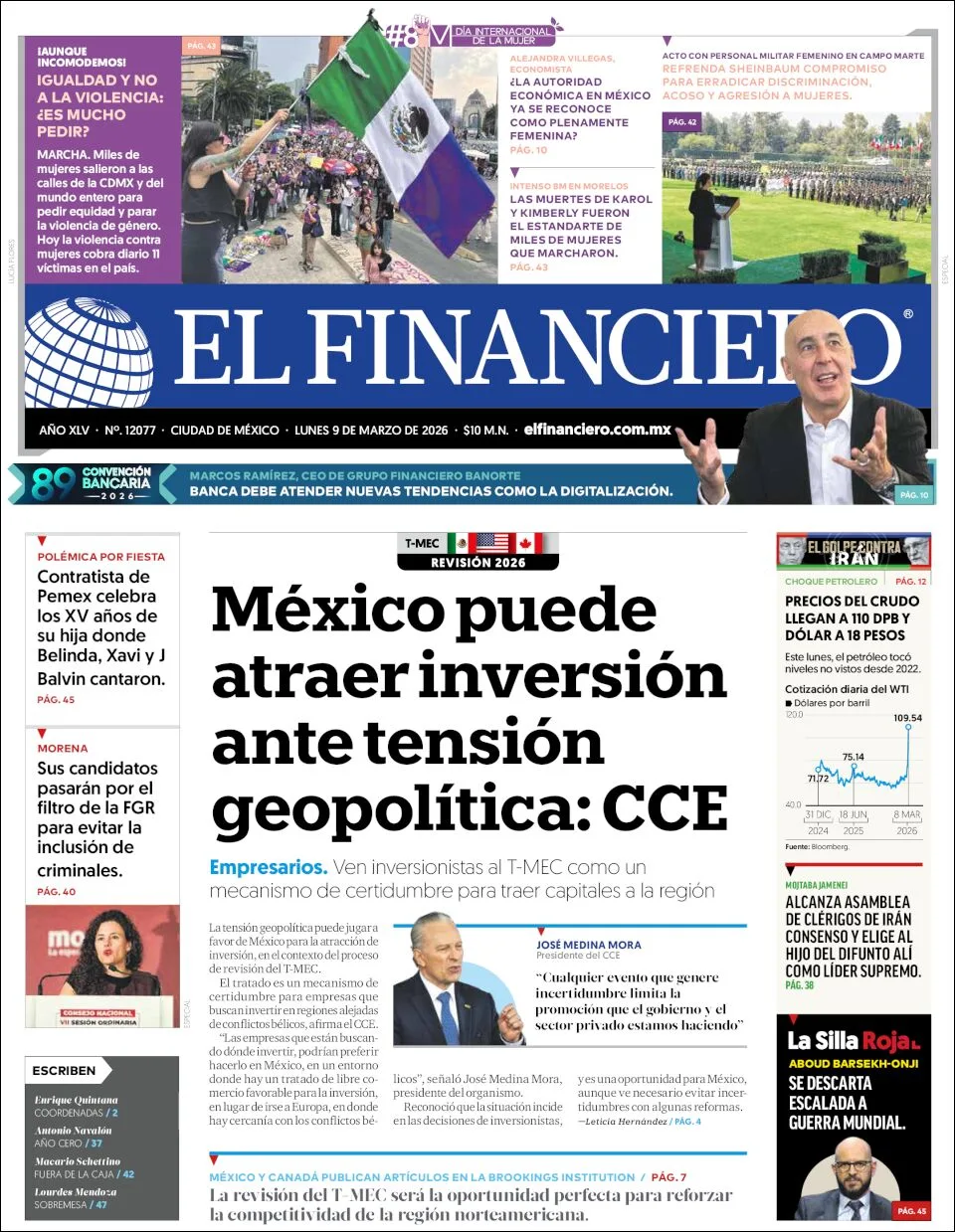 Portada de El Financiero del lunes, 9 de marzo de 2026