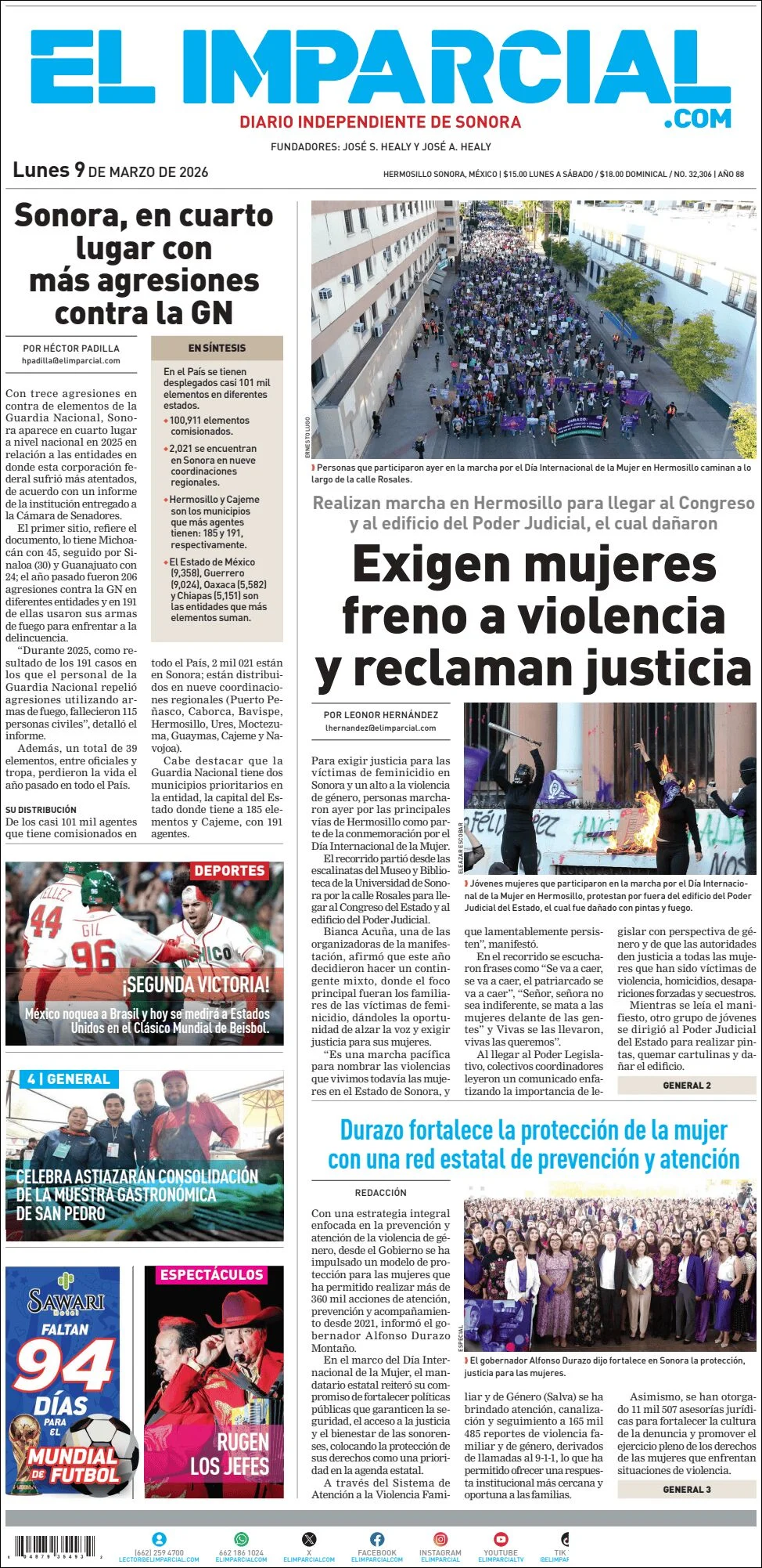 Portada de El Imparcial del lunes, 9 de marzo de 2026
