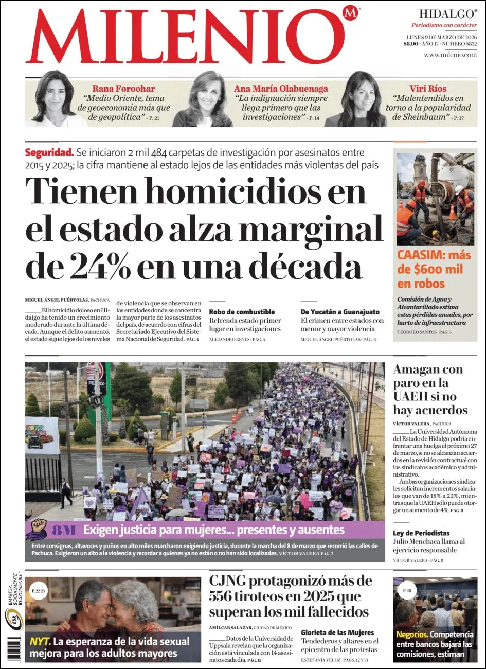 Portada de Milenio Hidalgo del lunes, 9 de marzo de 2026