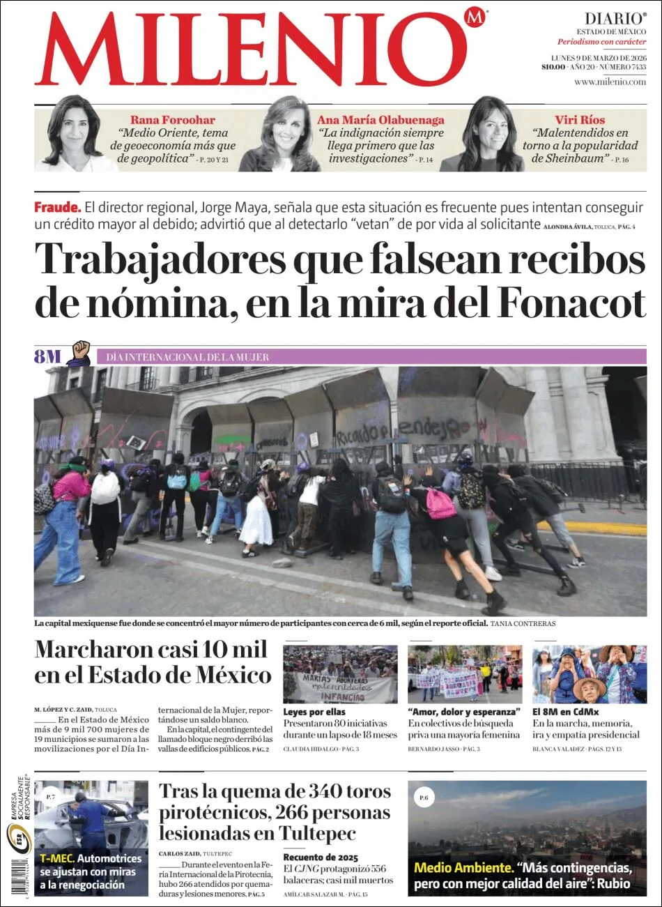 Portada de Milenio Edo de Mexico del lunes, 9 de marzo de 2026