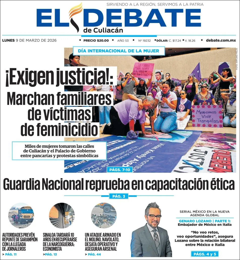 Portada de El Debate de Culiacan del lunes, 9 de marzo de 2026