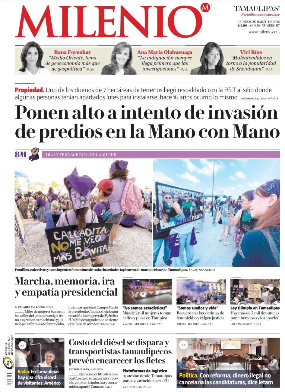 Portada de Milenio Tamaulipas del lunes, 9 de marzo de 2026