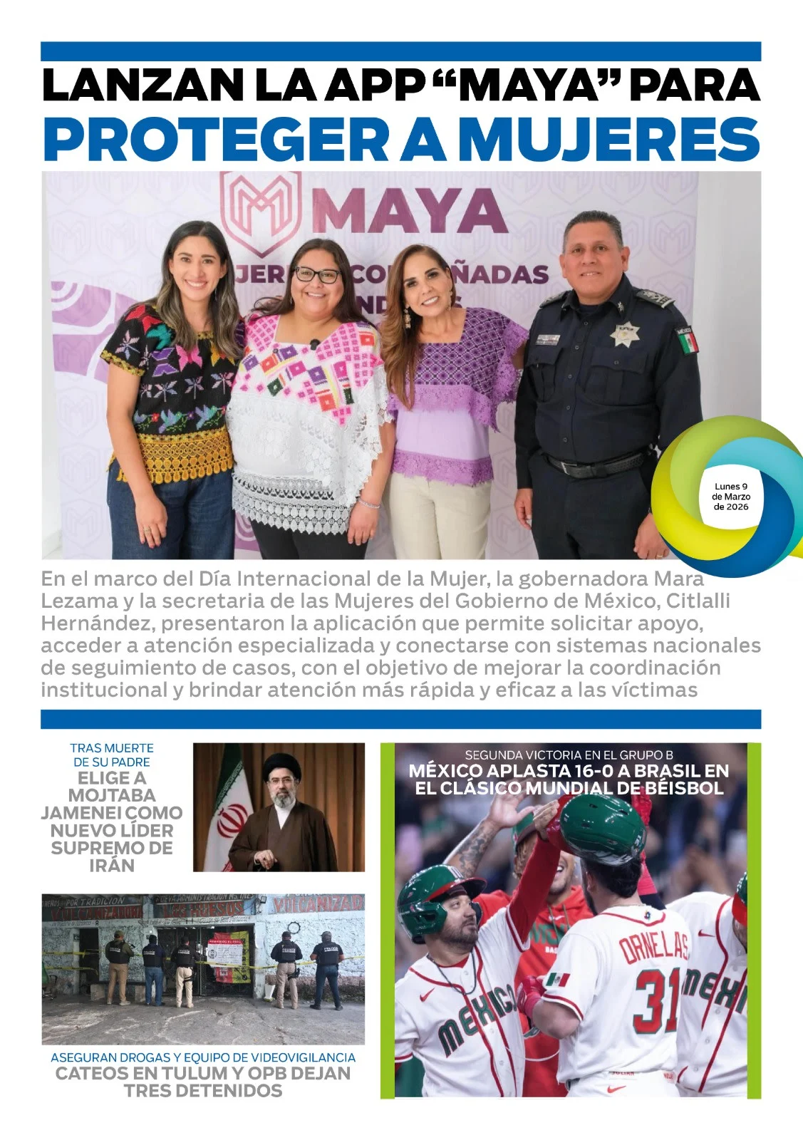 Portada de El Quintana Roo (contraportada) del lunes, 9 de marzo de 2026