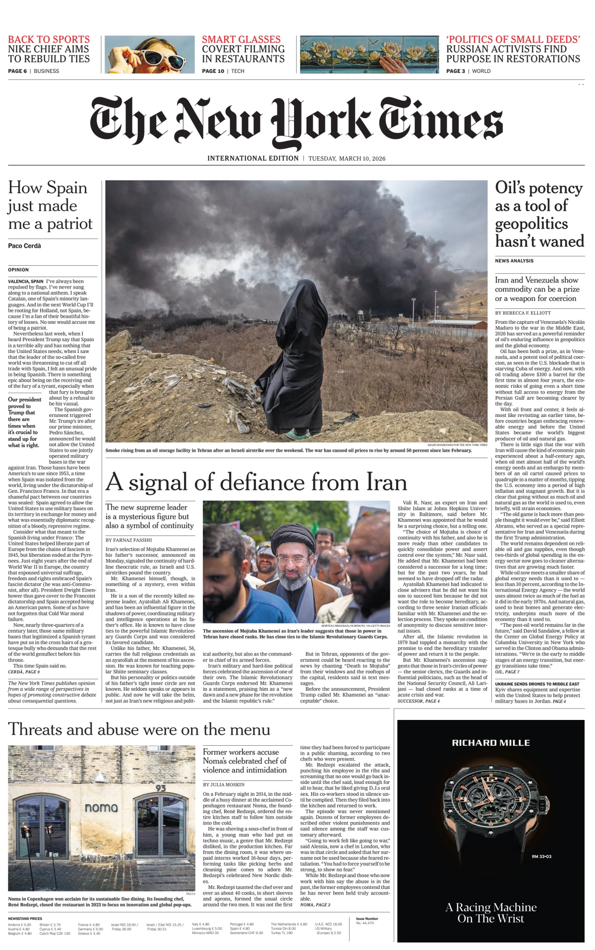 Portada de The New York Times (international) del martes, 10 de marzo de 2026