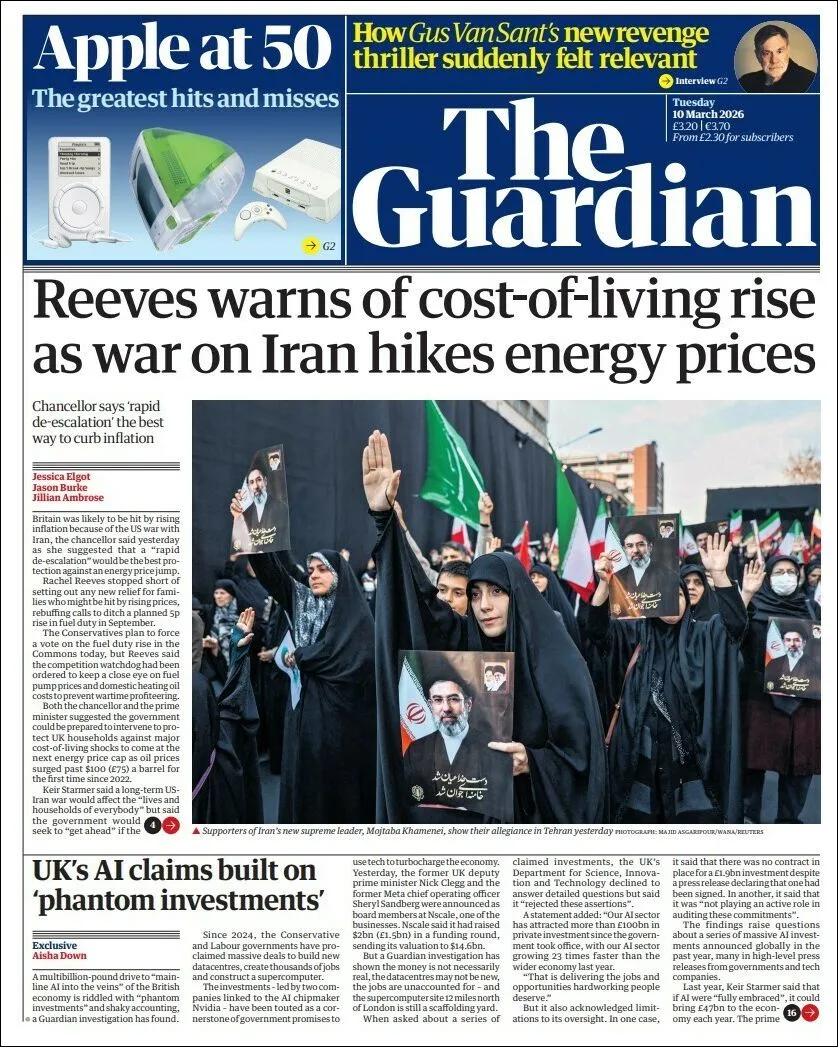 Portada de The Guardian (reino Unido) del martes, 10 de marzo de 2026