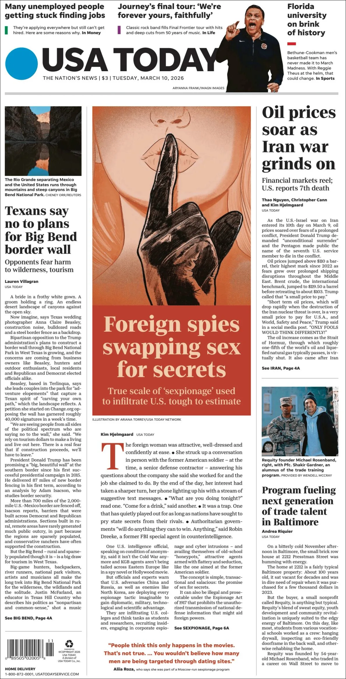 Portada de Usa Today del martes, 10 de marzo de 2026
