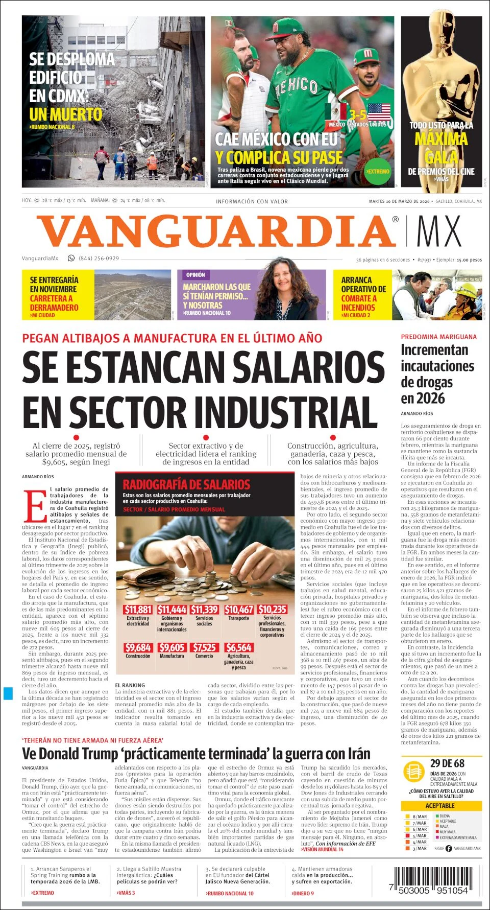 Portada de Vanguardia del martes, 10 de marzo de 2026