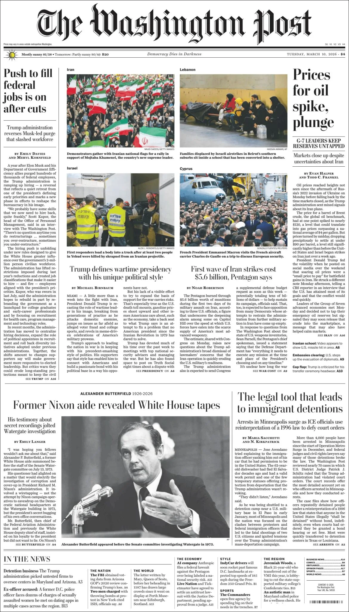 Portada de The Washington Post del martes, 10 de marzo de 2026