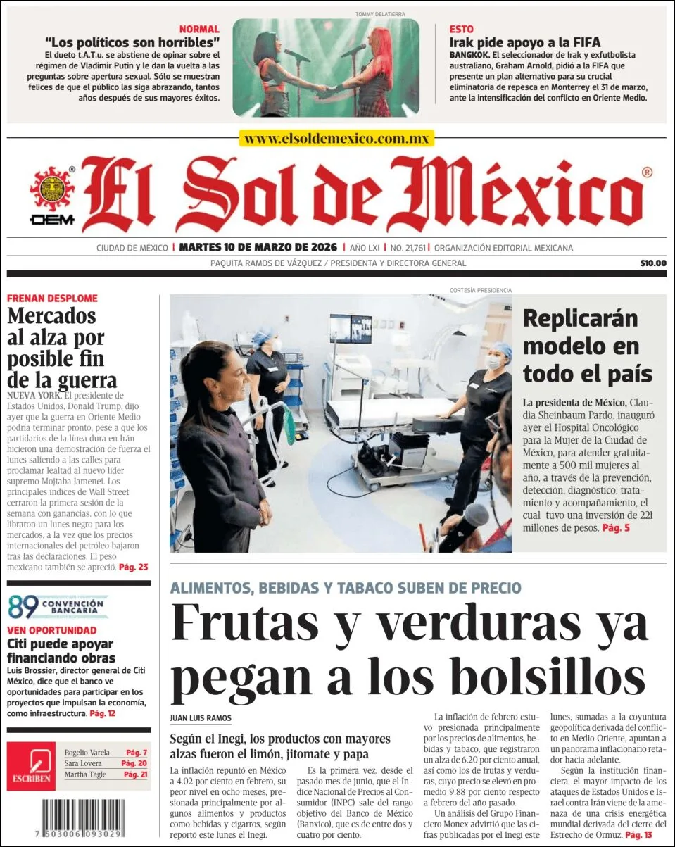 Portada de El Sol de Mexico del martes, 10 de marzo de 2026