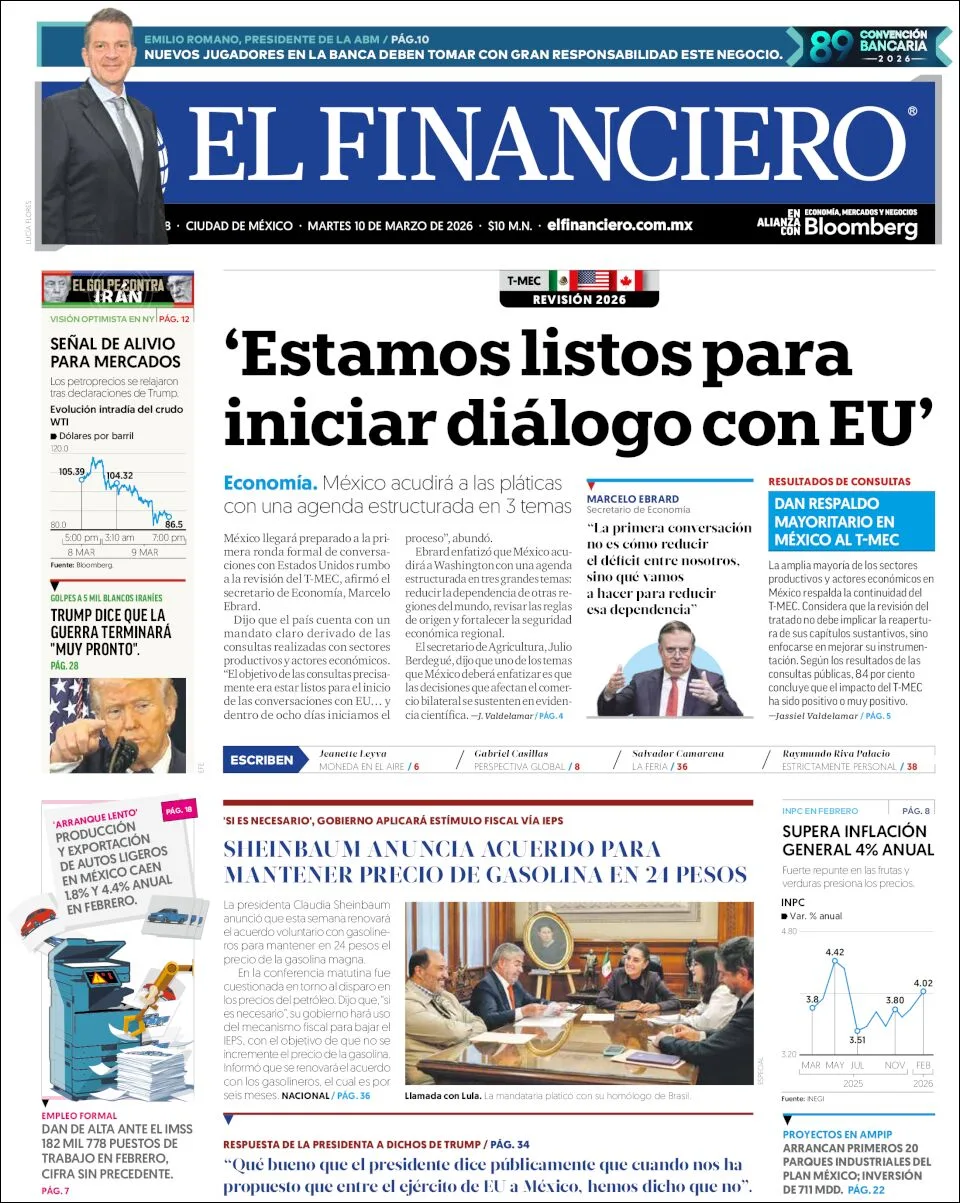 Portada de El Financiero del martes, 10 de marzo de 2026