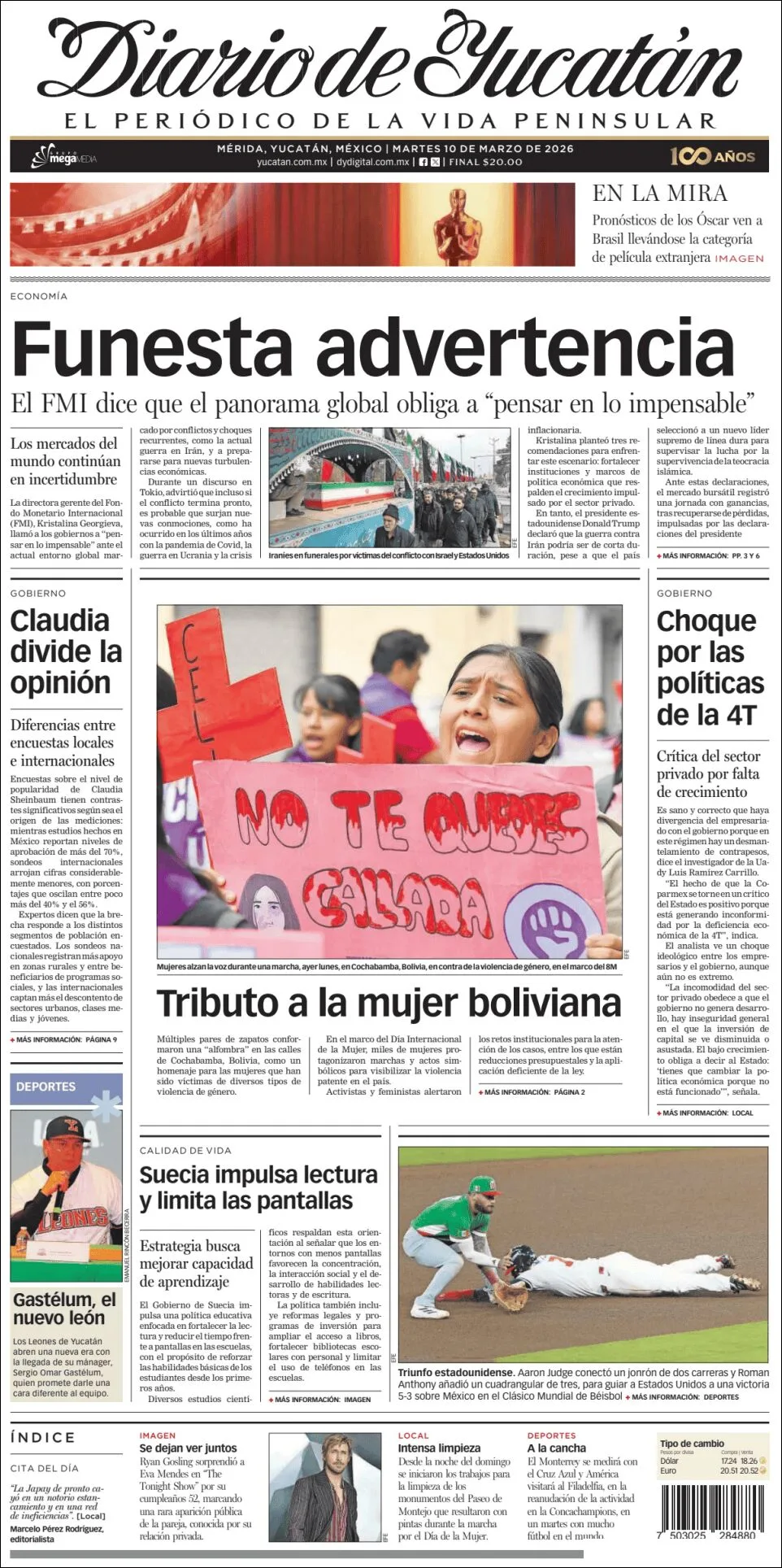 Portada de Diario de Yucatán del martes, 10 de marzo de 2026