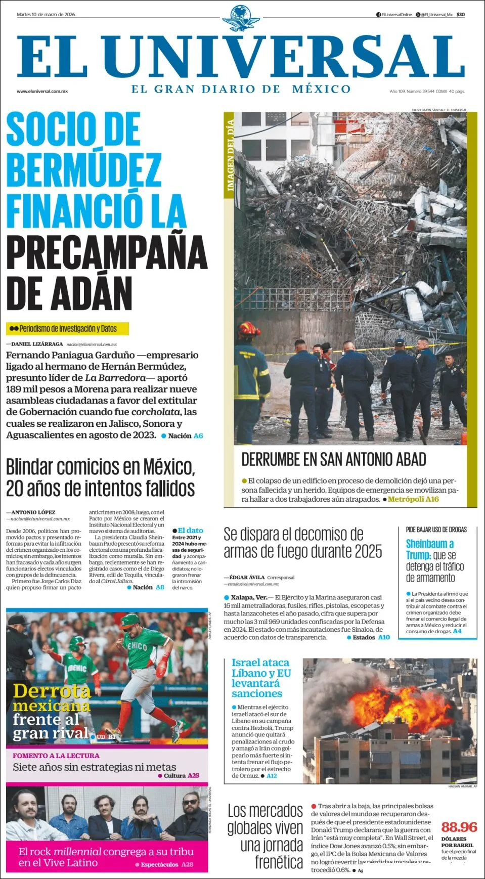 Portada de El Universal del martes, 10 de marzo de 2026