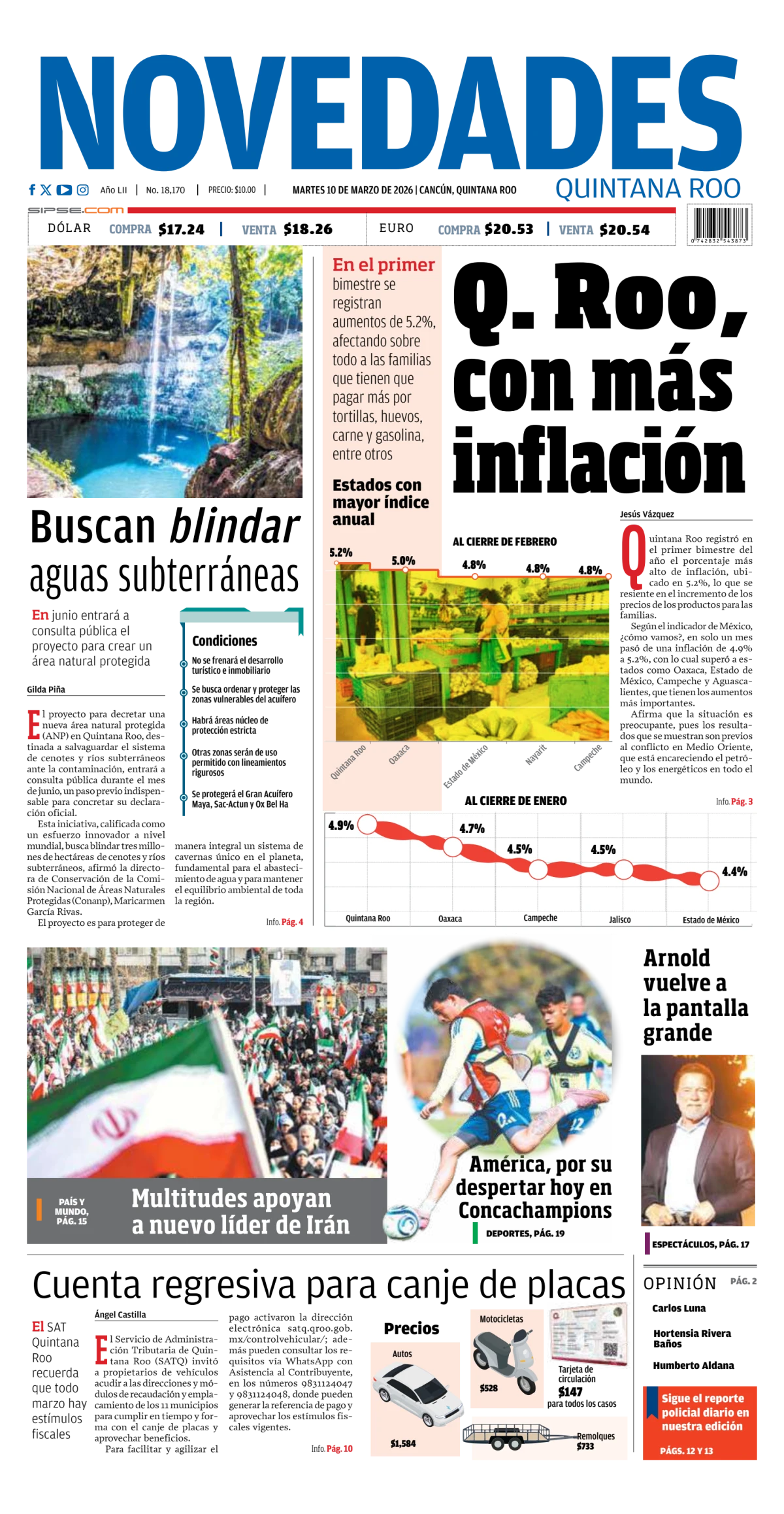 Portada de Novedades Quintana Roo del martes, 10 de marzo de 2026