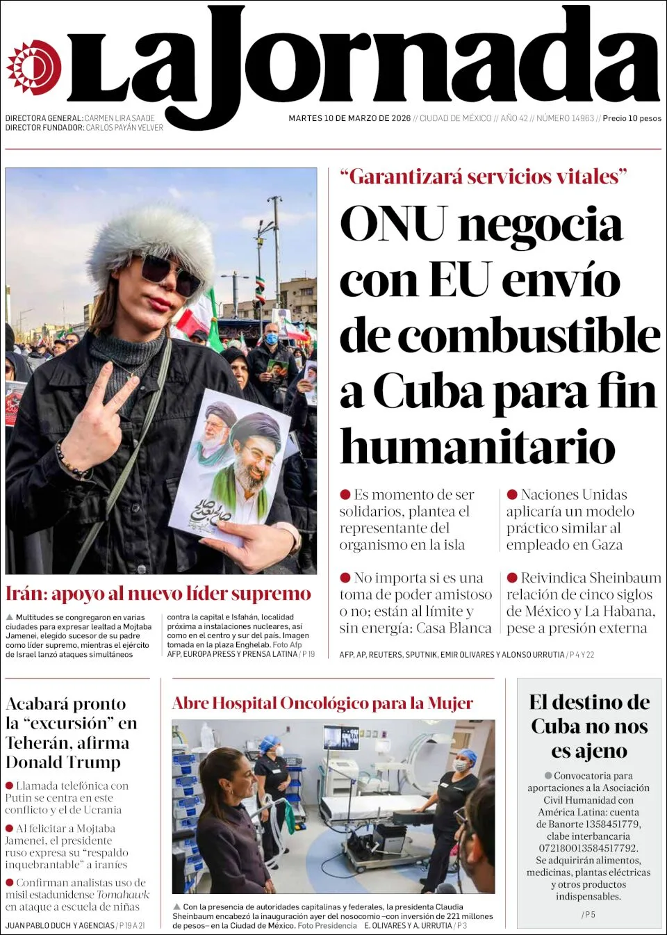 Portada de La Jornada del martes, 10 de marzo de 2026