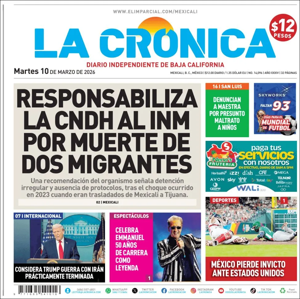 Portada de La Cronica del martes, 10 de marzo de 2026