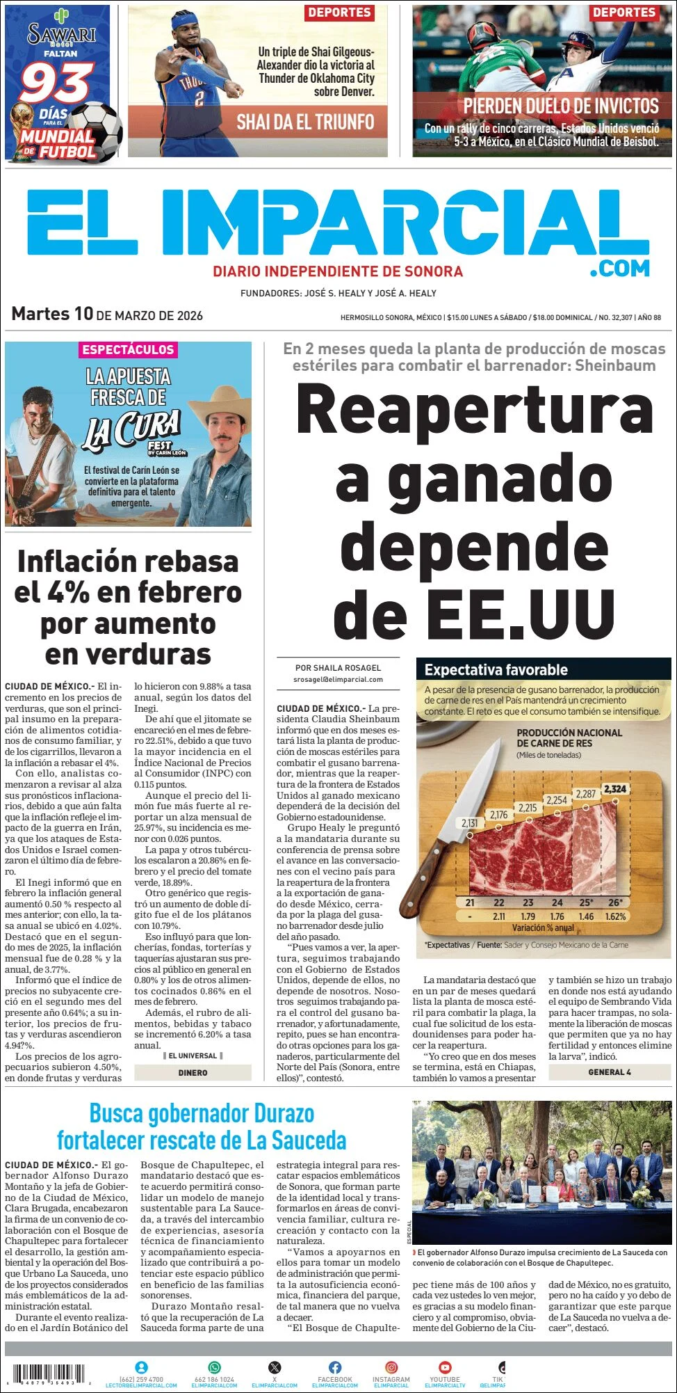 Portada de El Imparcial del martes, 10 de marzo de 2026