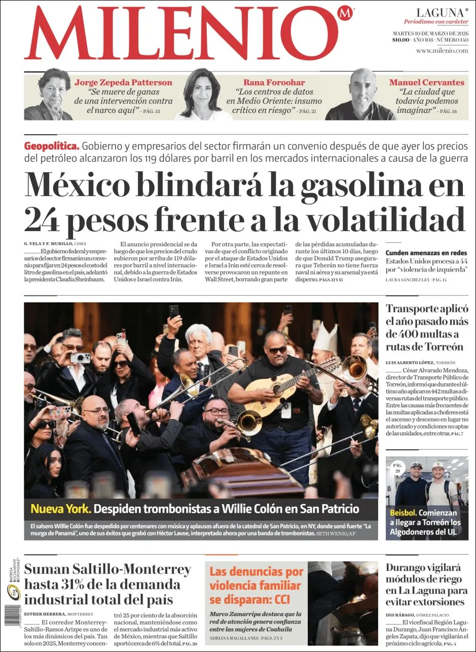 Portada de Milenio Laguna del martes, 10 de marzo de 2026
