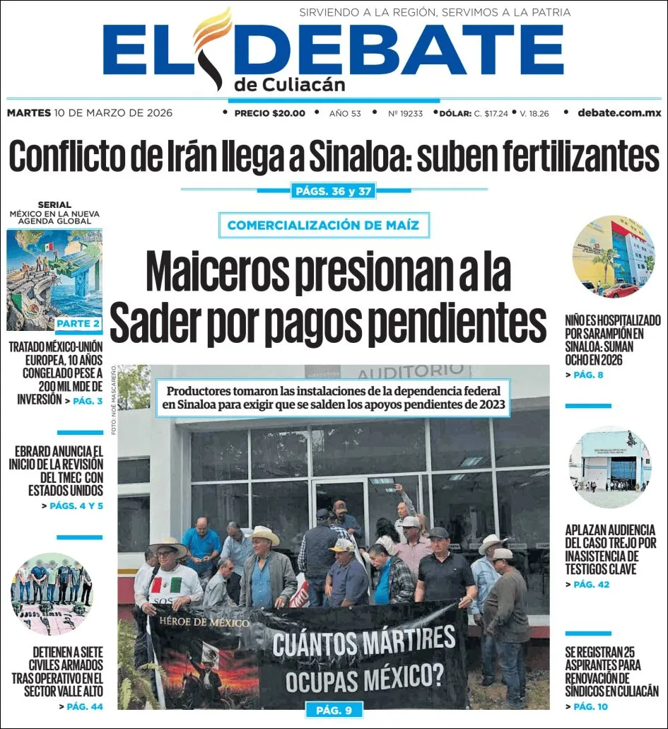Portada de El Debate de Culiacan del martes, 10 de marzo de 2026