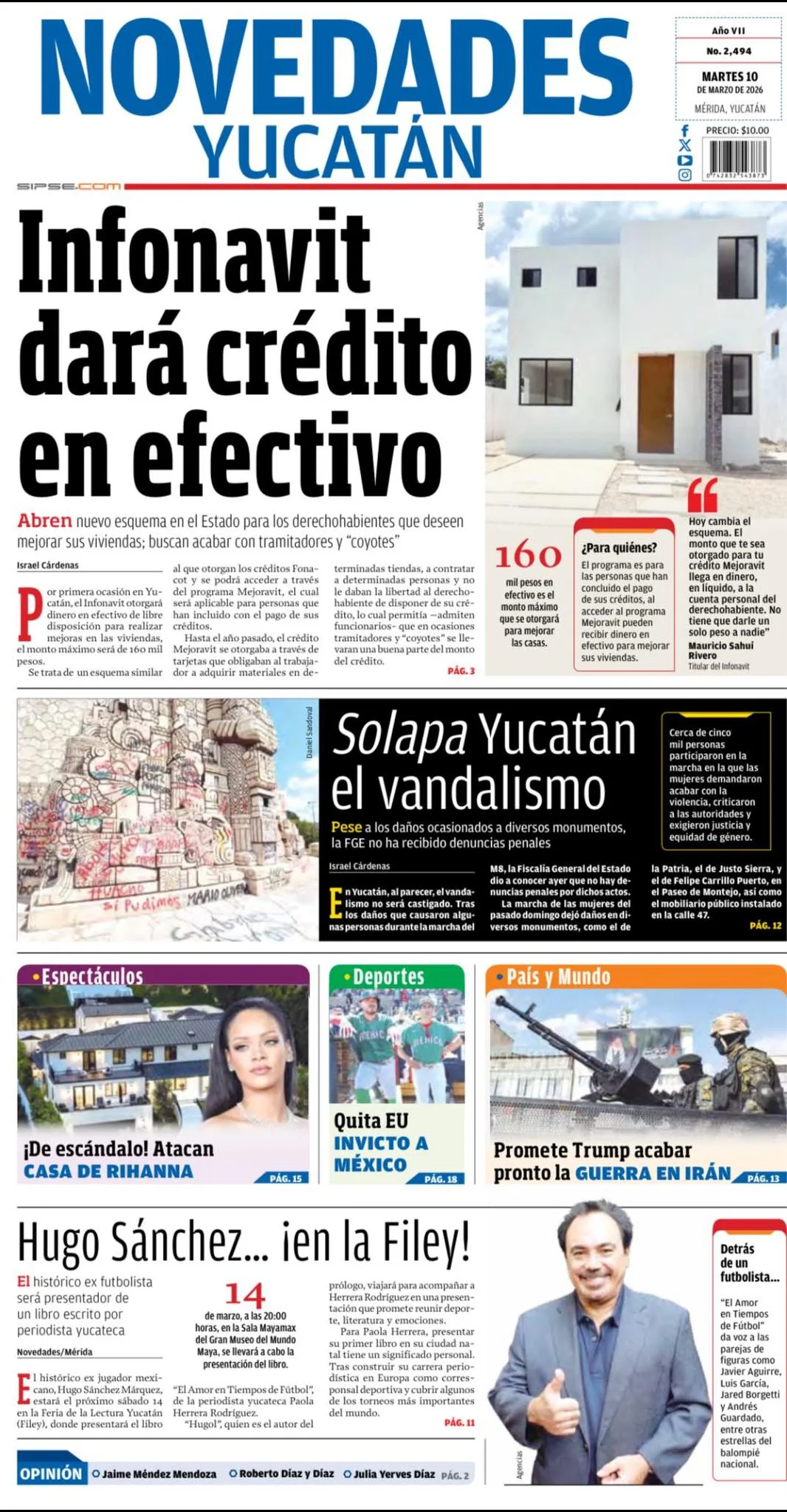 Portada de Novedades Yucatan del martes, 10 de marzo de 2026
