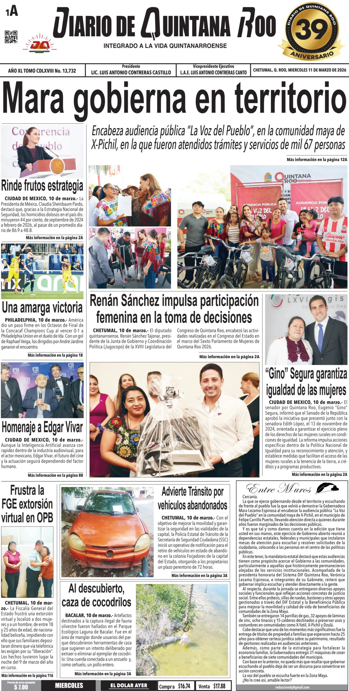 Portada de Diario de Quintana Roo (portada) del miércoles, 11 de marzo de 2026