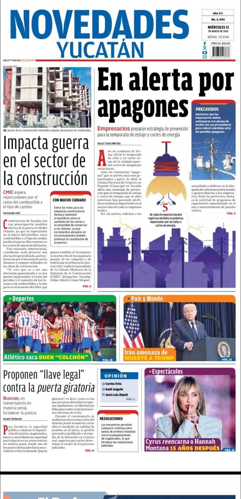 Portada de Novedades Yucatan del miércoles, 11 de marzo de 2026