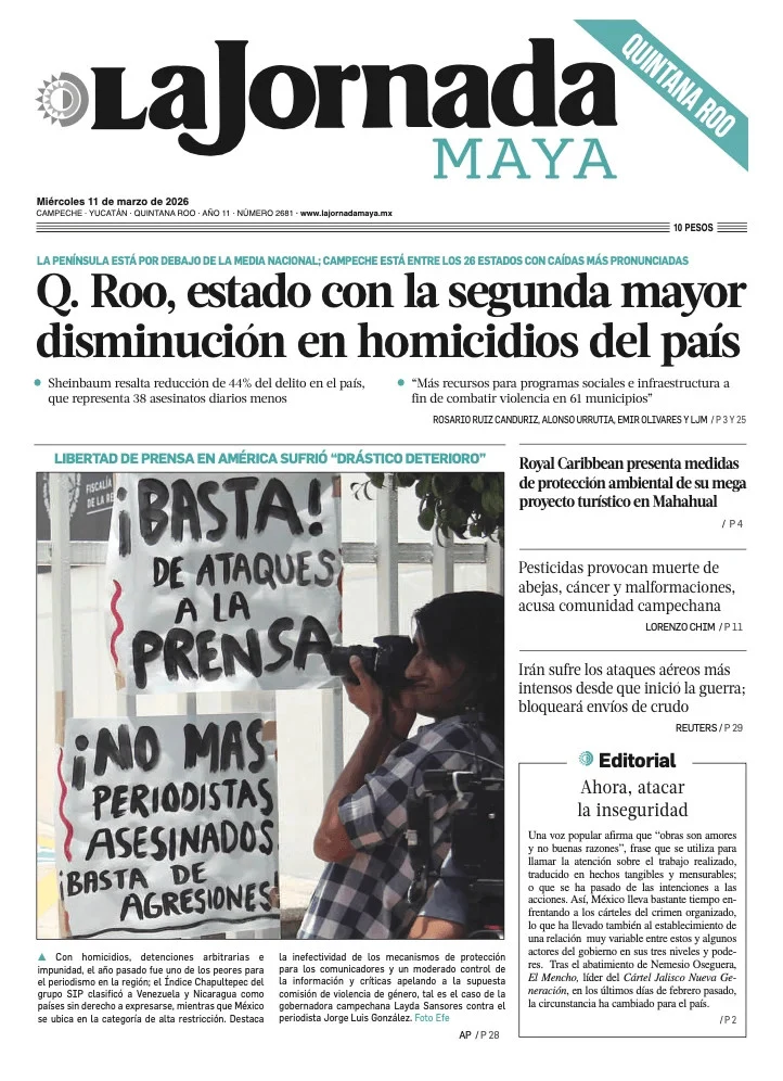 Portada de La Jornada Maya Quintana Roo del miércoles, 11 de marzo de 2026