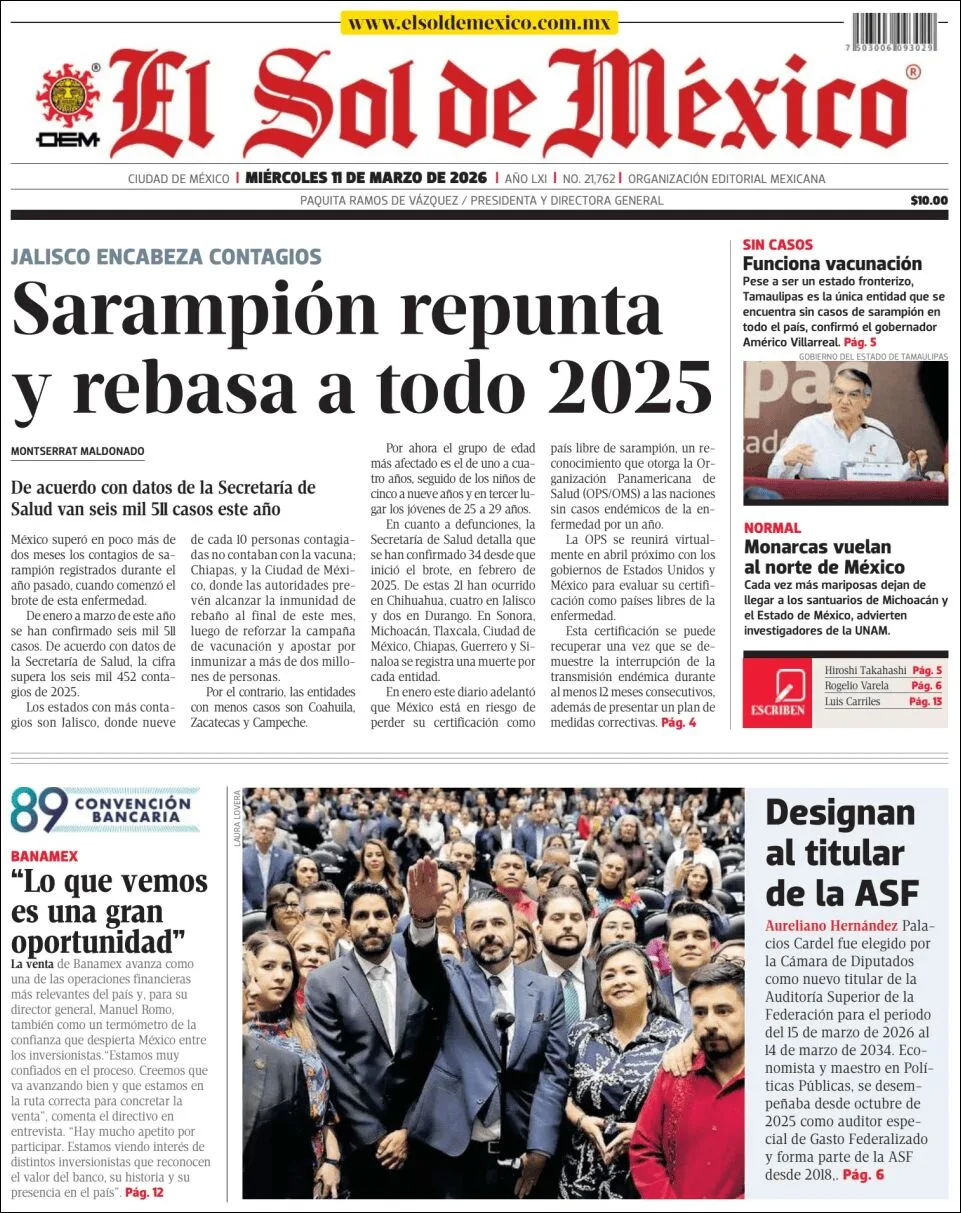Portada de El Sol de Mexico del miércoles, 11 de marzo de 2026