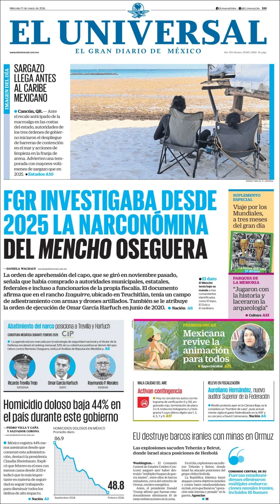 Portada de El Universal del miércoles, 11 de marzo de 2026