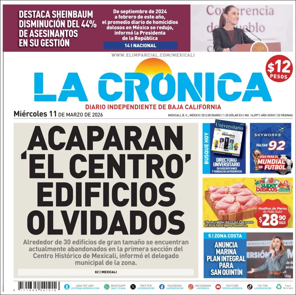 Portada de La Cronica del miércoles, 11 de marzo de 2026