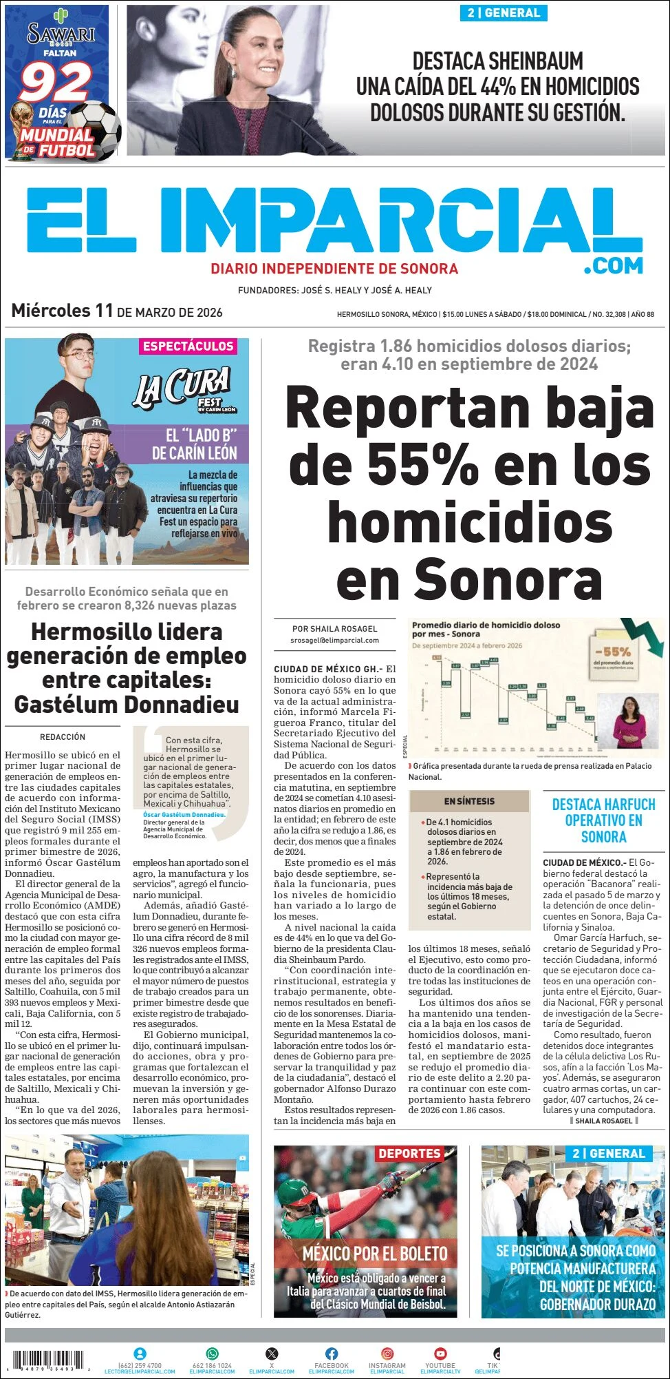 Portada de El Imparcial del miércoles, 11 de marzo de 2026