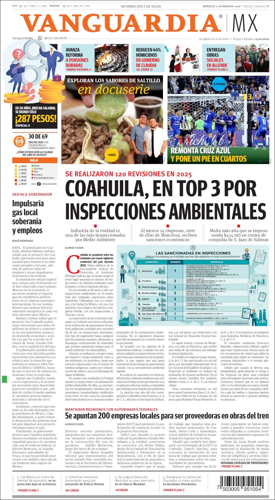 Portada de Vanguardia del miércoles, 11 de marzo de 2026