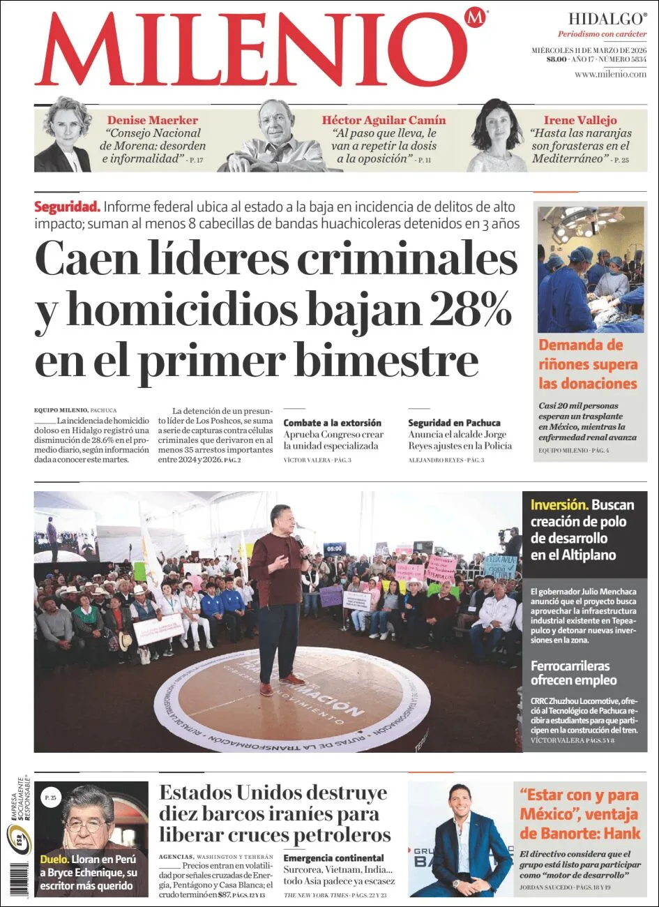 Portada de Milenio Hidalgo del miércoles, 11 de marzo de 2026