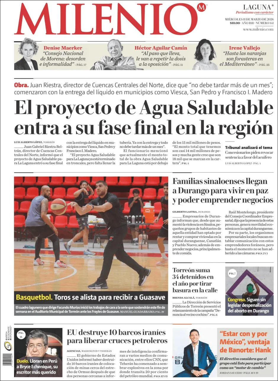 Portada de Milenio Laguna del miércoles, 11 de marzo de 2026