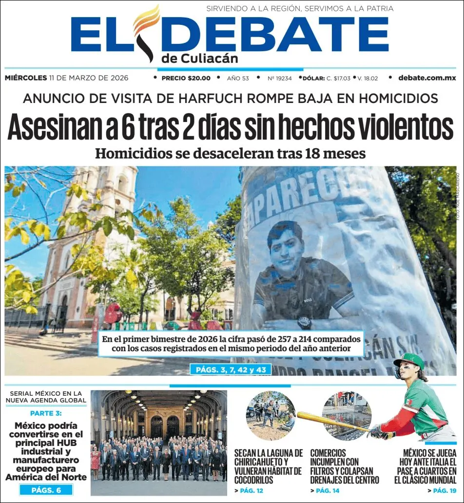 Portada de El Debate de Culiacan del miércoles, 11 de marzo de 2026
