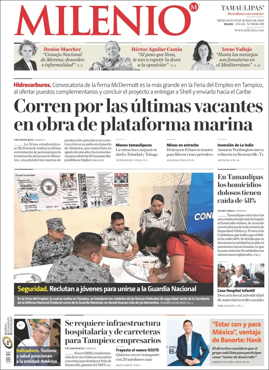 Portada de Milenio Tamaulipas del miércoles, 11 de marzo de 2026