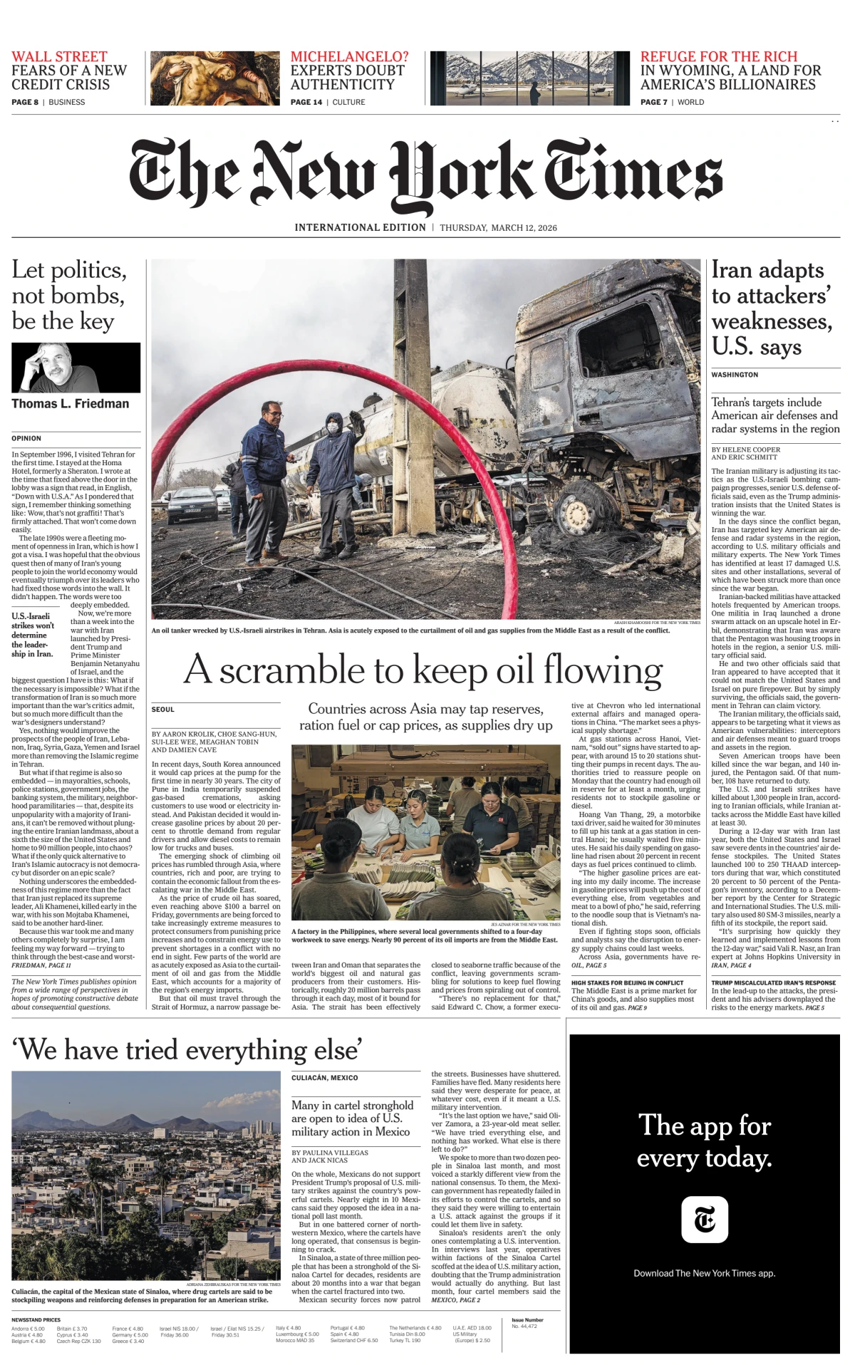 Portada de The New York Times (international) del jueves, 12 de marzo de 2026