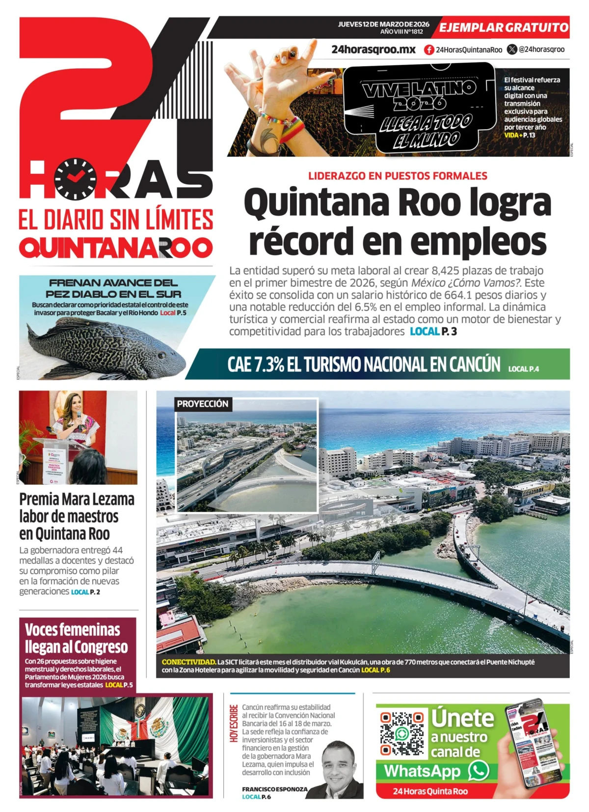 Portada de 24 Horas Quintana Roo del jueves, 12 de marzo de 2026