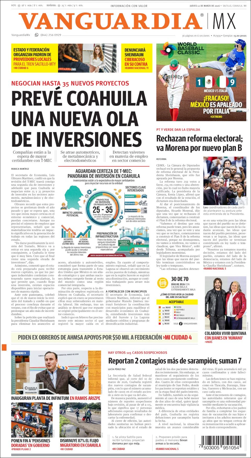 Portada de Vanguardia del jueves, 12 de marzo de 2026