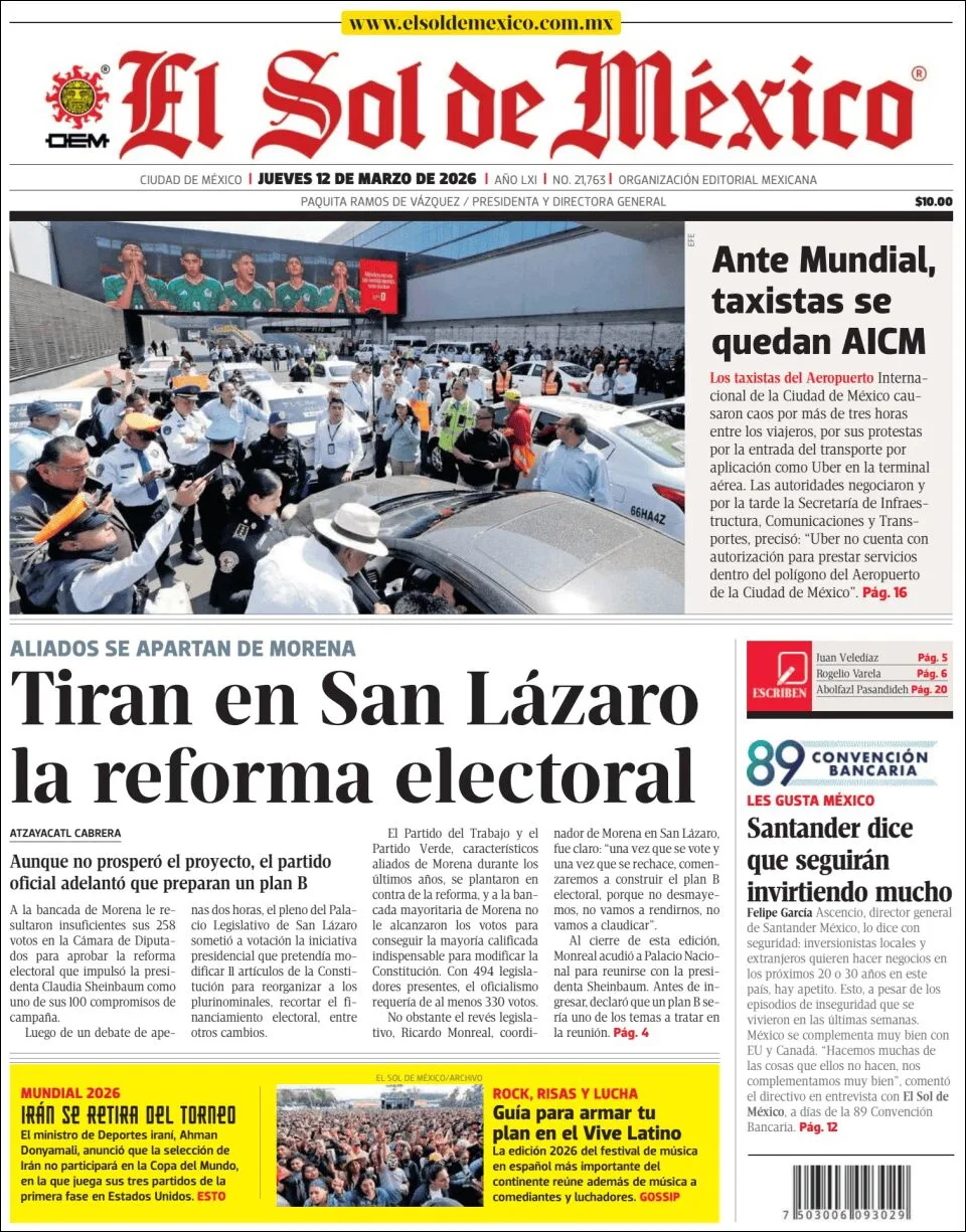 Portada de El Sol de Mexico del jueves, 12 de marzo de 2026