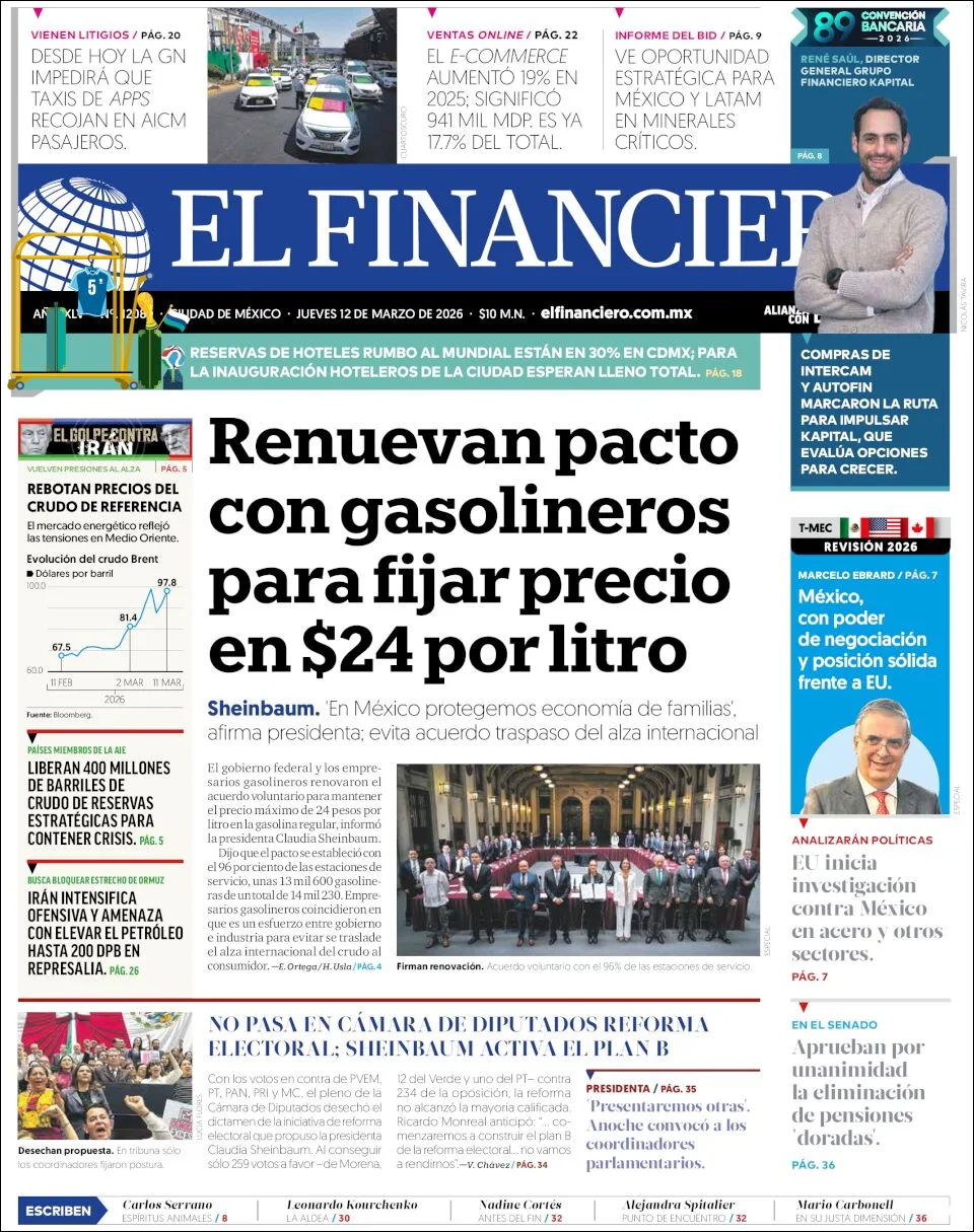 Portada de El Financiero del jueves, 12 de marzo de 2026