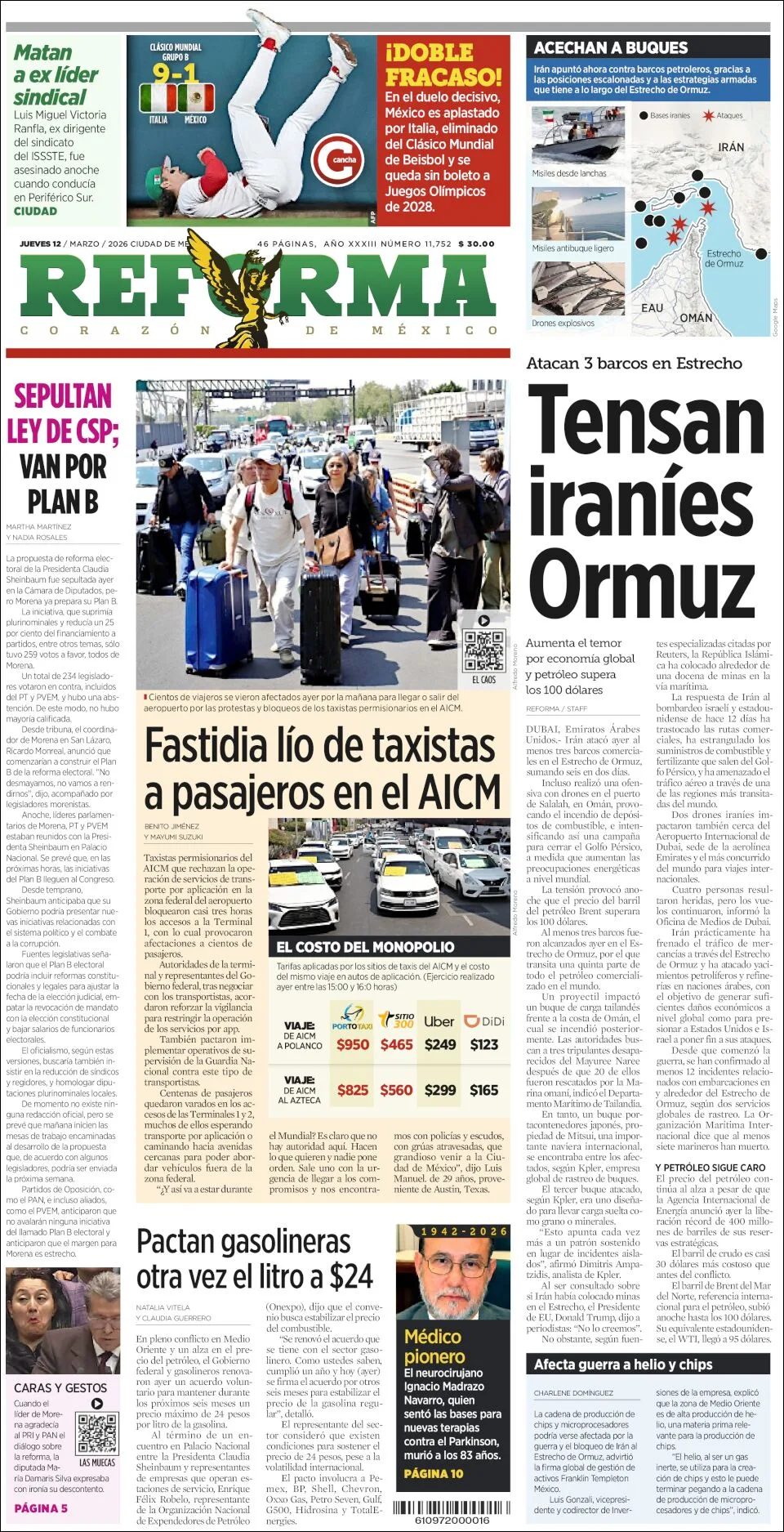 Portada de Reforma del jueves, 12 de marzo de 2026