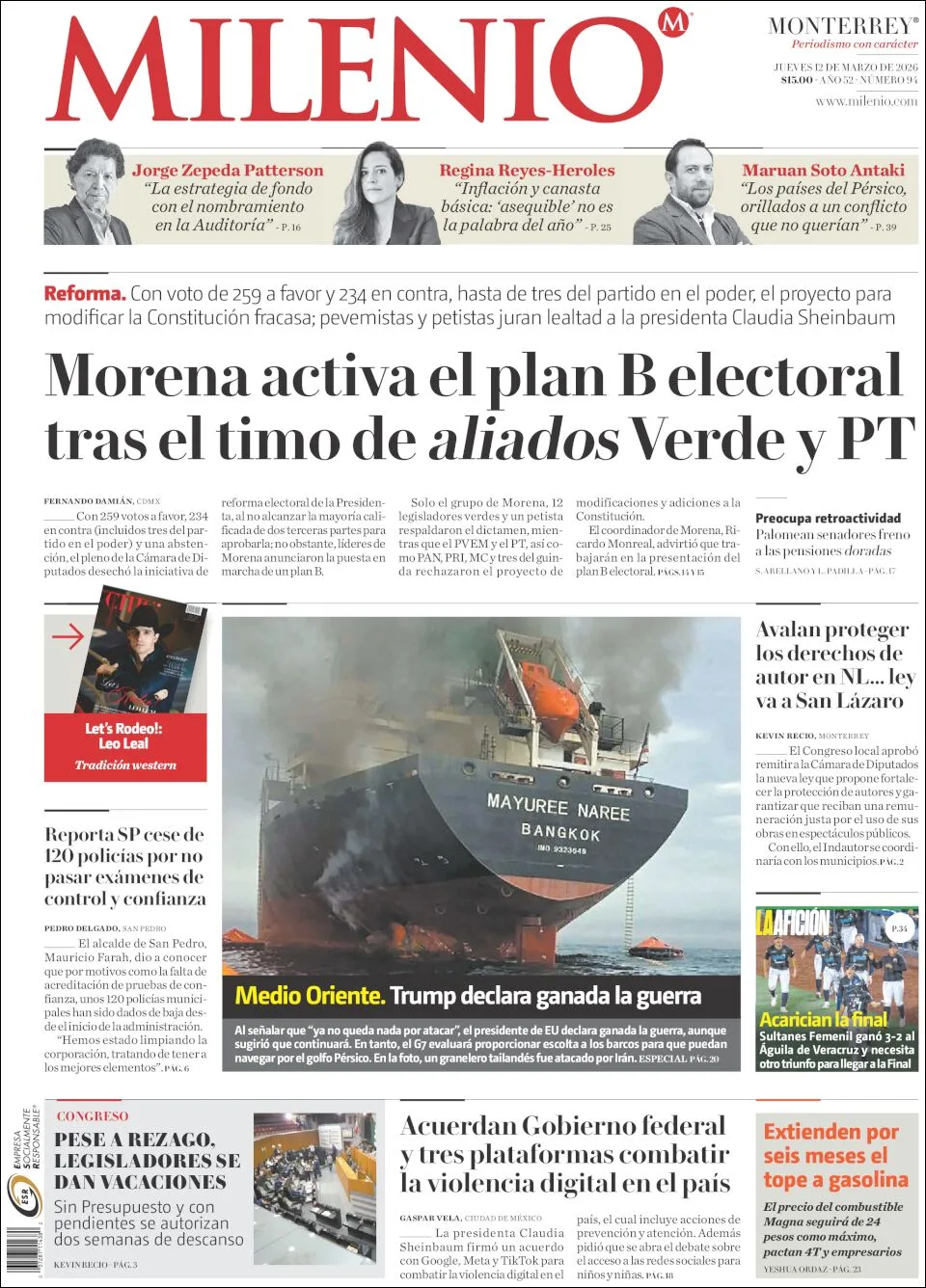 Portada de Milenio del jueves, 12 de marzo de 2026