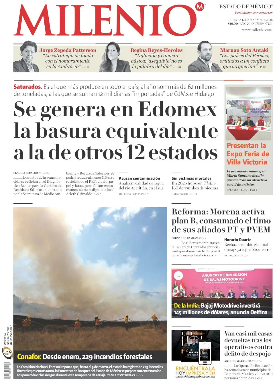 Portada de Milenio Edo de Mexico del jueves, 12 de marzo de 2026
