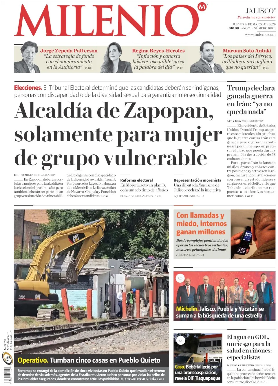 Portada de Milenio Jalisco del jueves, 12 de marzo de 2026