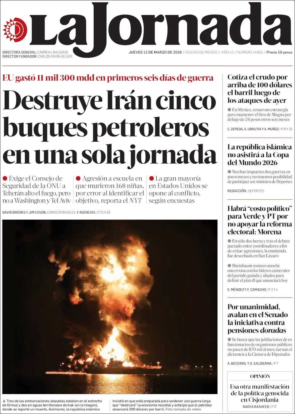 Portada de La Jornada del jueves, 12 de marzo de 2026