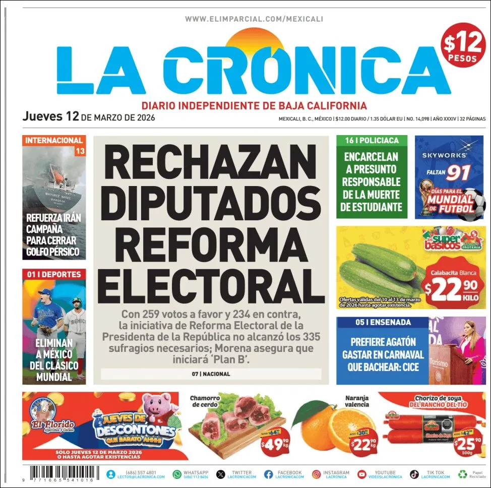 Portada de La Cronica del jueves, 12 de marzo de 2026