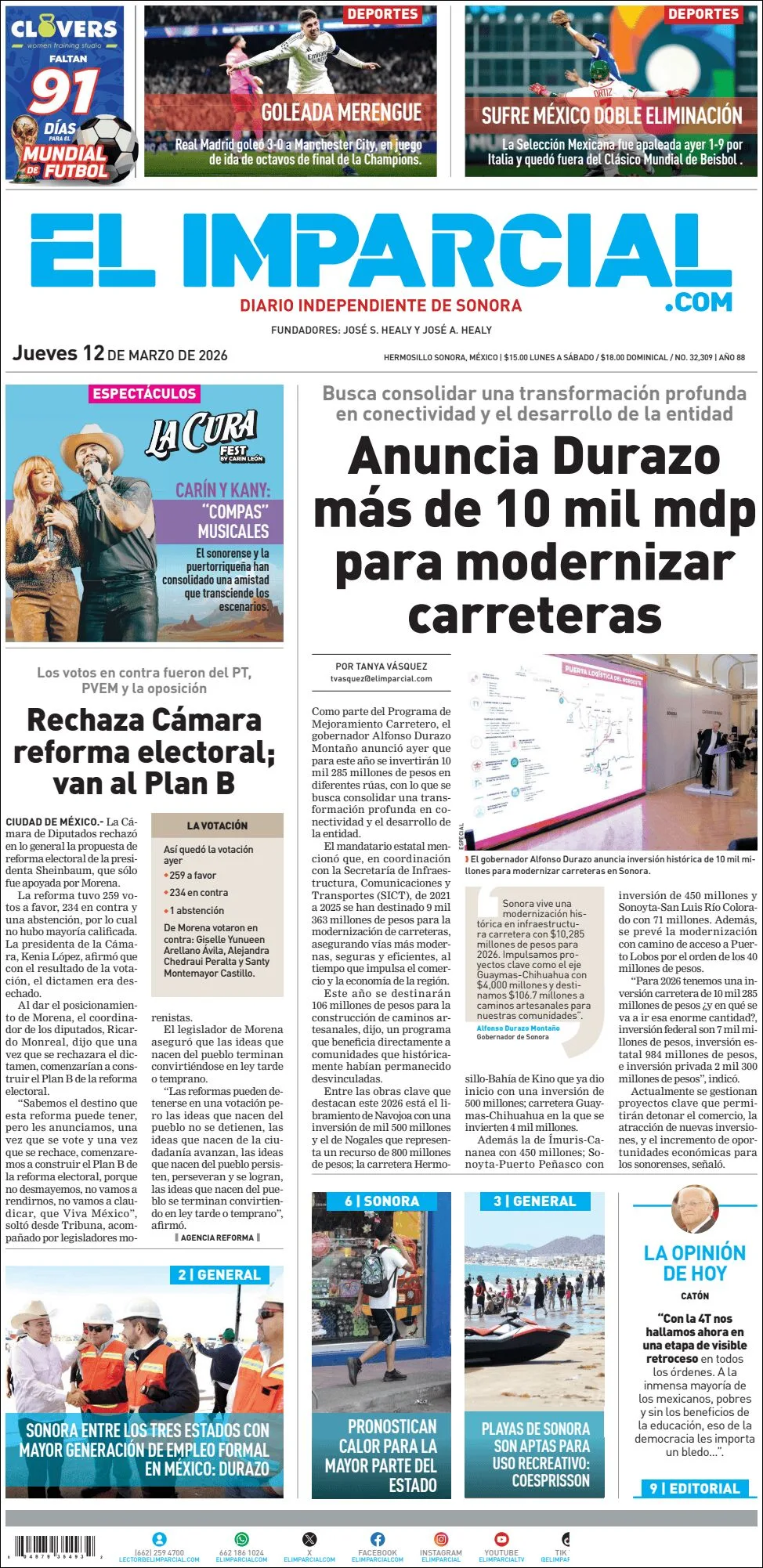 Portada de El Imparcial del jueves, 12 de marzo de 2026