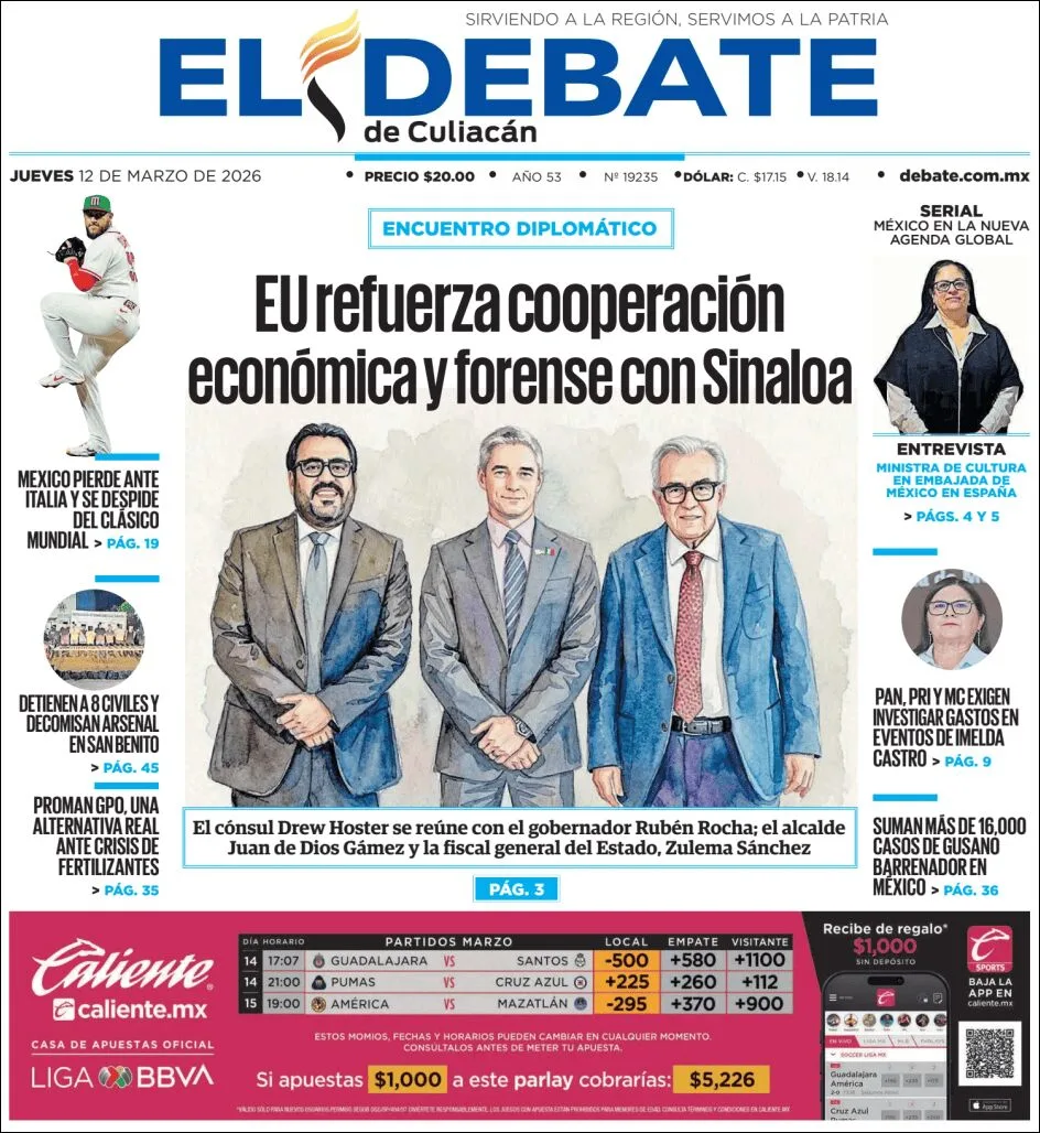 Portada de El Debate de Culiacan del jueves, 12 de marzo de 2026